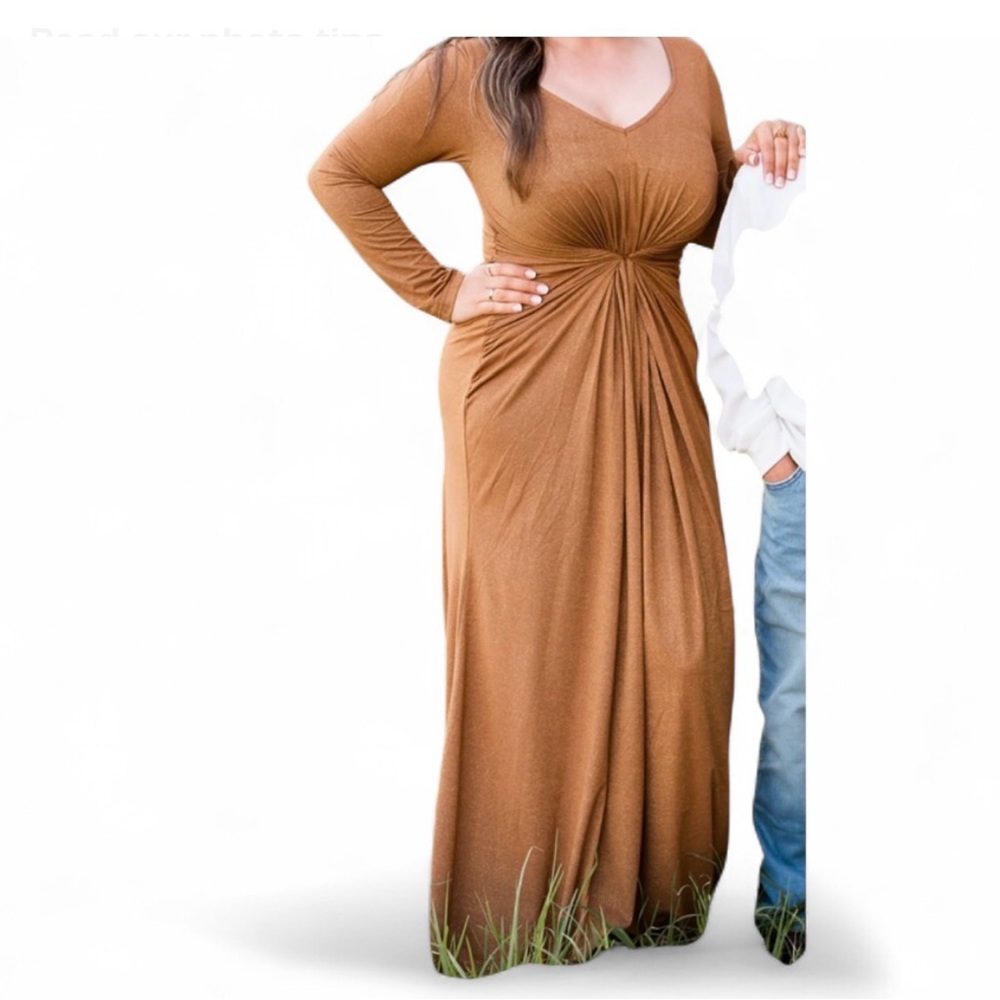 Rustic Brown with gold shimmer detail maxi dress ruched detail  #maxidress